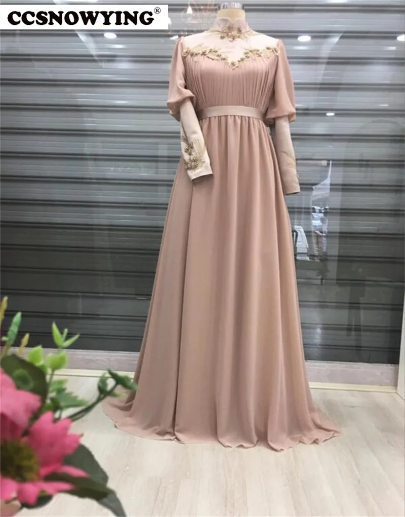 

Chiffon Appliques Muslim Evening Dress Full Sleeve Hijab Prom Formal Party Gown High Neck Arabic Kaftan Islamic Robes De Soirée