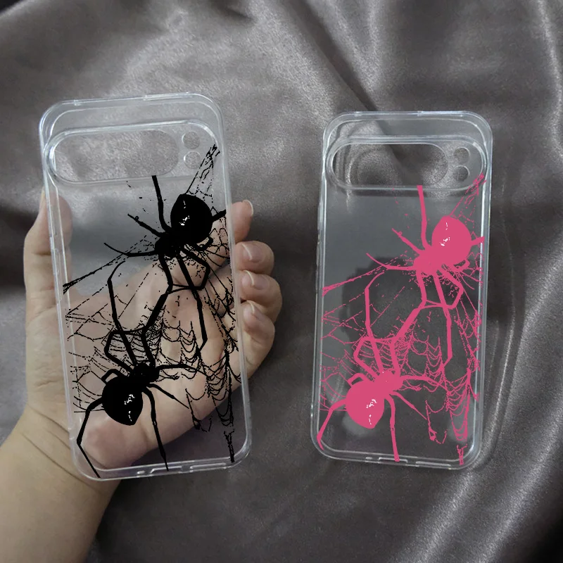 Sleek Black Spider Web Transparent TPU Phone Case - Fashionable Animal Design