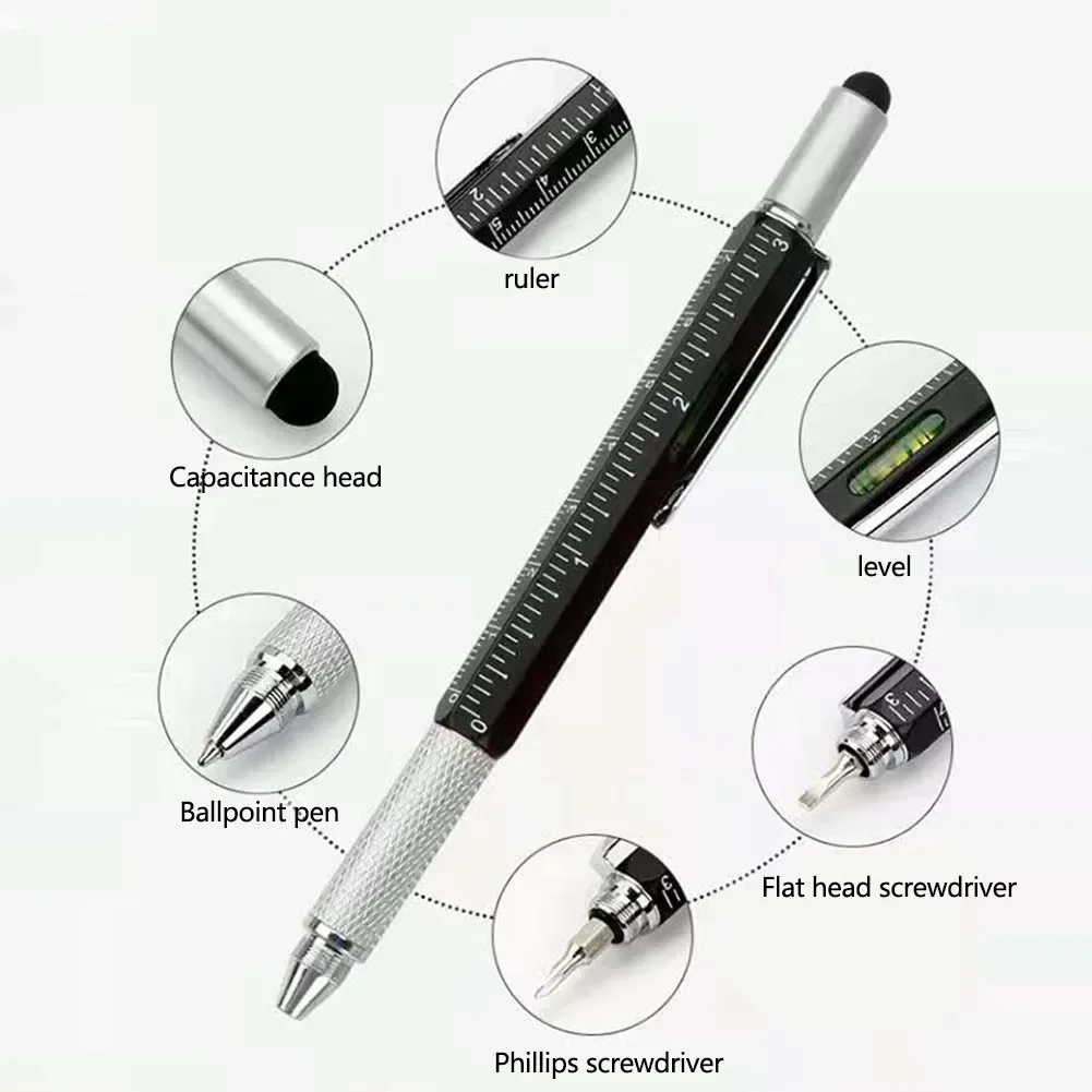Multifunctional Tool Pen Multi-Function Tool Pen Level Scale Touch Screen 6in1 Metal Ballpoint Pen For Construction Engineers Working Scenes