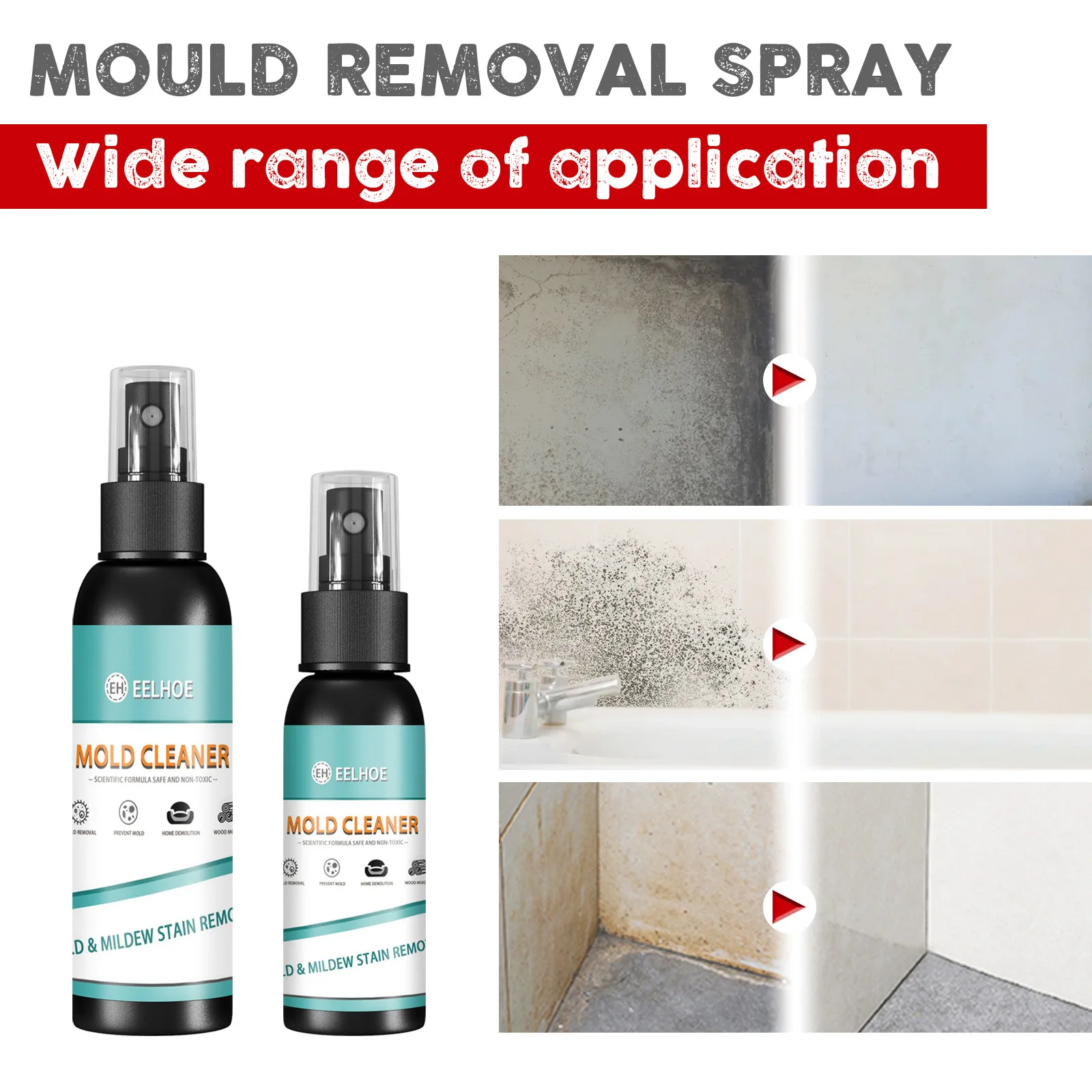 Spray anti-moisissure Eelhoe 30ml/100ml - Nettoyant mural et carrelage, détail de l'étiquette et du liquide transparent