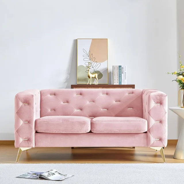 Velvet Chesterfield Loveseat with Metal Legs 1