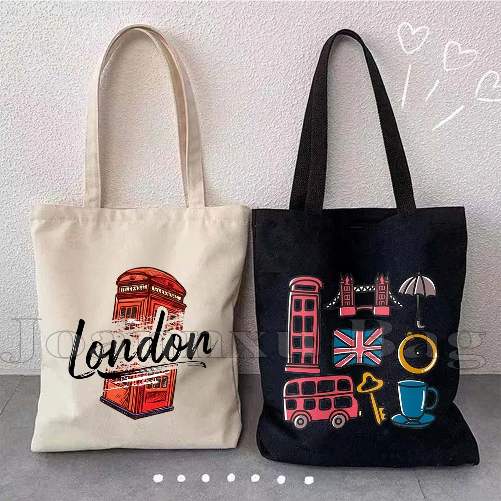 London England Flag Map Cute Tote Bag United Kingdom Bus Big Ben Bridge Phone Booth Landmark Trip Travel Tourist Canvas Handbags