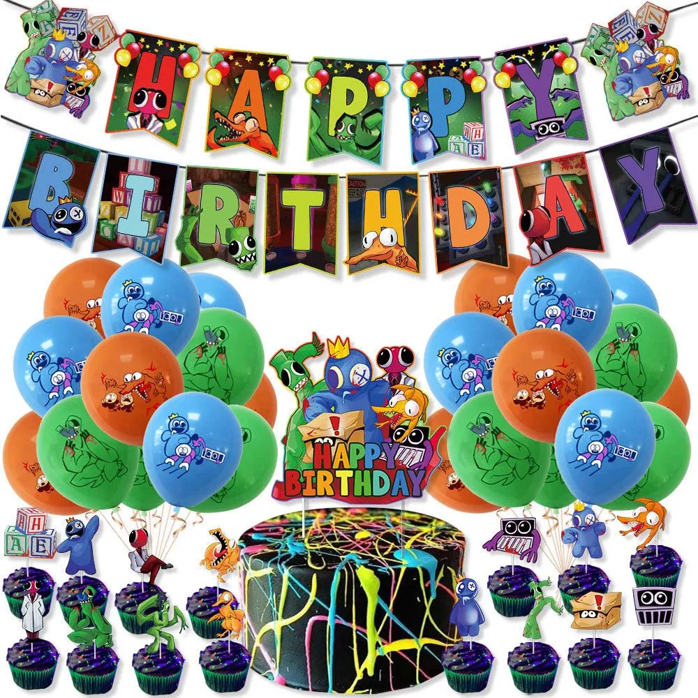 Birthday Party Supplies Rainbow Friends Cartoon Latex Foil Balloon Set Disposable Tableware Banner for Kids Party