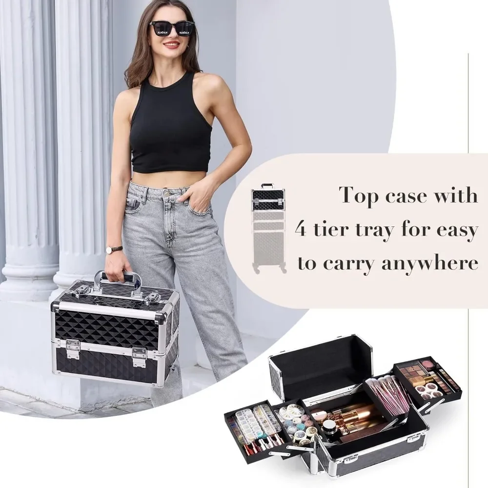Rolling Makeup Train Case Large Storage Cosmetic Trolley with Key Swivel Wheels 4 in 1 Large Capacity Trolley Makeup Travel Case 4