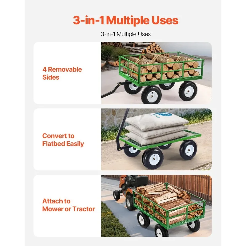 VEVOR 1200 Lbs Steel Garden Cart, Heavy Duty Pullable Garden Wagon Yard Cart, Mesh Removable Sides and 180&deg;Rotating Handle