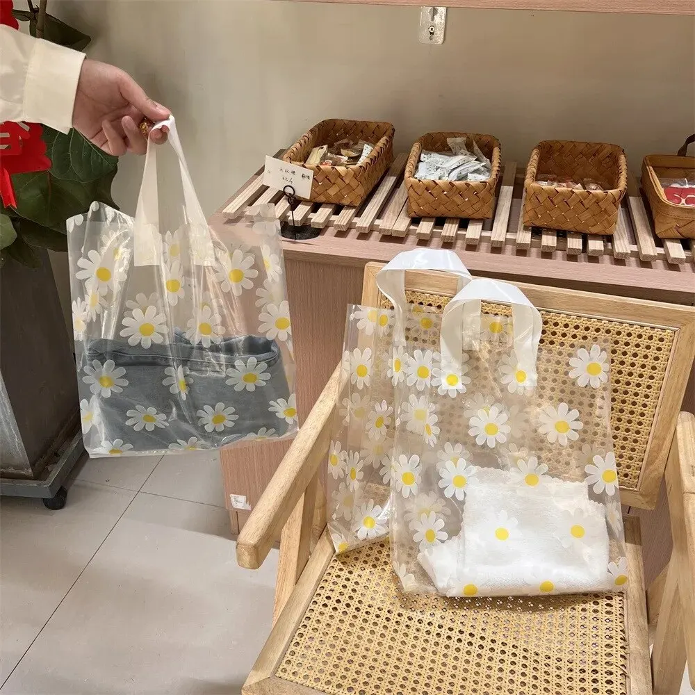 Gift bags 5pcs Transparent Daisy Gift Bags Birthday Wedding Party Gift Packaging Bag Put Food Lunch Storage Bag