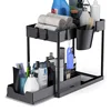 2 Tier Under Sink Organizer Sliding Cabinet Basket Organizer Storage Rack with Hooks Hanging Cup Bathroom Kitchen Organizer 2
