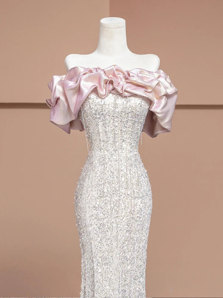 فستان سهرة أنيق بكتف واحد وذيل السمكة لحفلات الزفا...