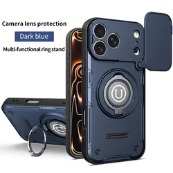 Magnetic 360° Ring Kickstand Shockproof Phone Case with Slide Camera Cover and Car Mount Holder - iPhone 15 (Blue)