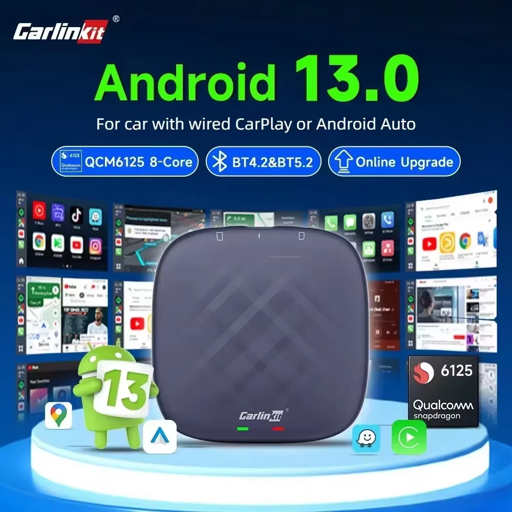Android 13 CarlinKit Android Auto sans fil CarPlay AI TV Box QCM6125 SM6225 8 cœurs écran divisé 64G 128G pour Netflix Play Store