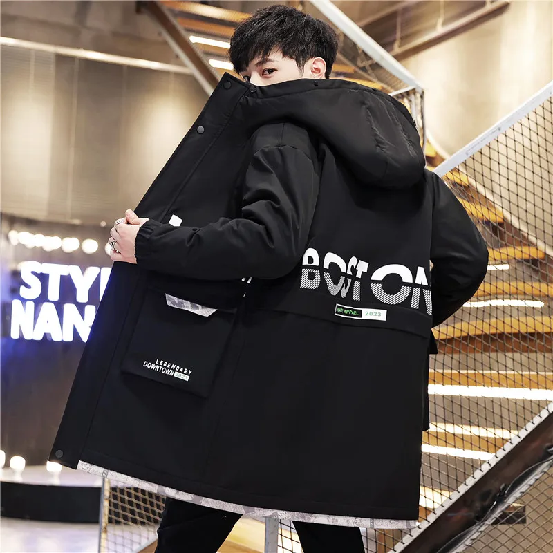 New 2024 Men's Autumn Winter Thicken Hooded Plush Jackets Outwear Mid-Length Warm Fleece Coat Windproof Top Long Parkas Clothing