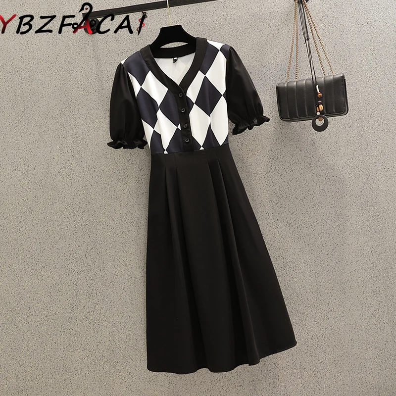 

YBZFACAI Women Dress 2022 Fashion Diamond V-Neck Knitted Stitching Fake Two-Piece Dress High Waist Slim Midi Skir