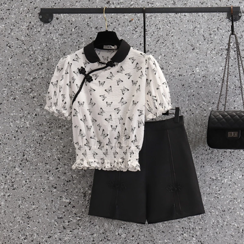 

Женский костюм размера плюс 4XL y2k, рубашка с цветочным принтом и короткие брюки, комплект из двух предметов, новинка 2022, летняя Милая одежда в стиле High Street