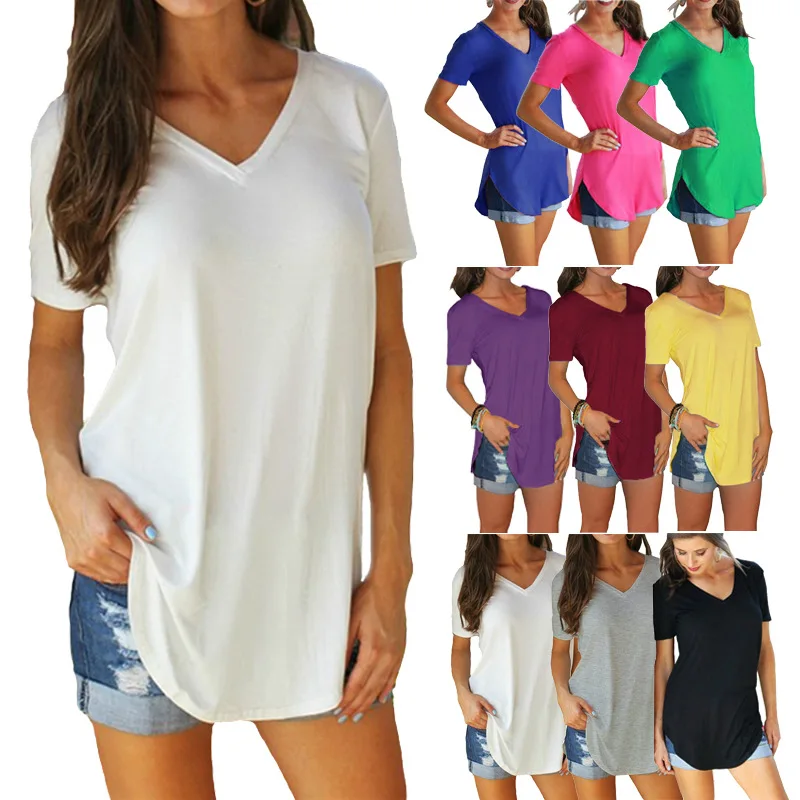 

Summer solid color blouse V-neck short sleeve loose T-shirt hem arc women clothes