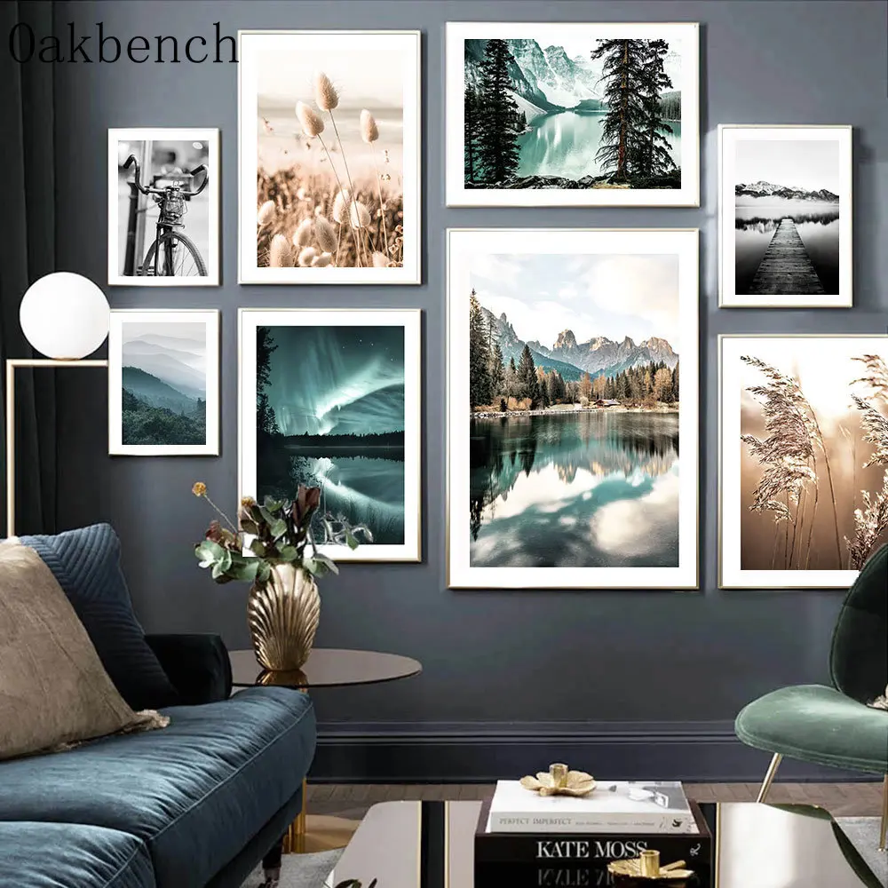 

Настенные плакаты с Естественным ландшафтом, художественные принты с рисунком озера, моста, гор, тростниковая печать, Аврора, холст, Постер в скандинавском стиле, украшение для дома