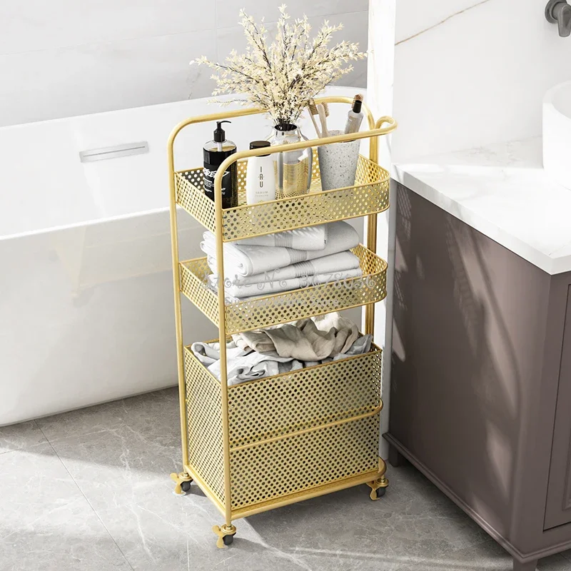 

Nordic Wrought Iron Wall Narrow Shelf Cart Bathroom Moveable Dirty Clothes Basket Removable Towel Storage Rack