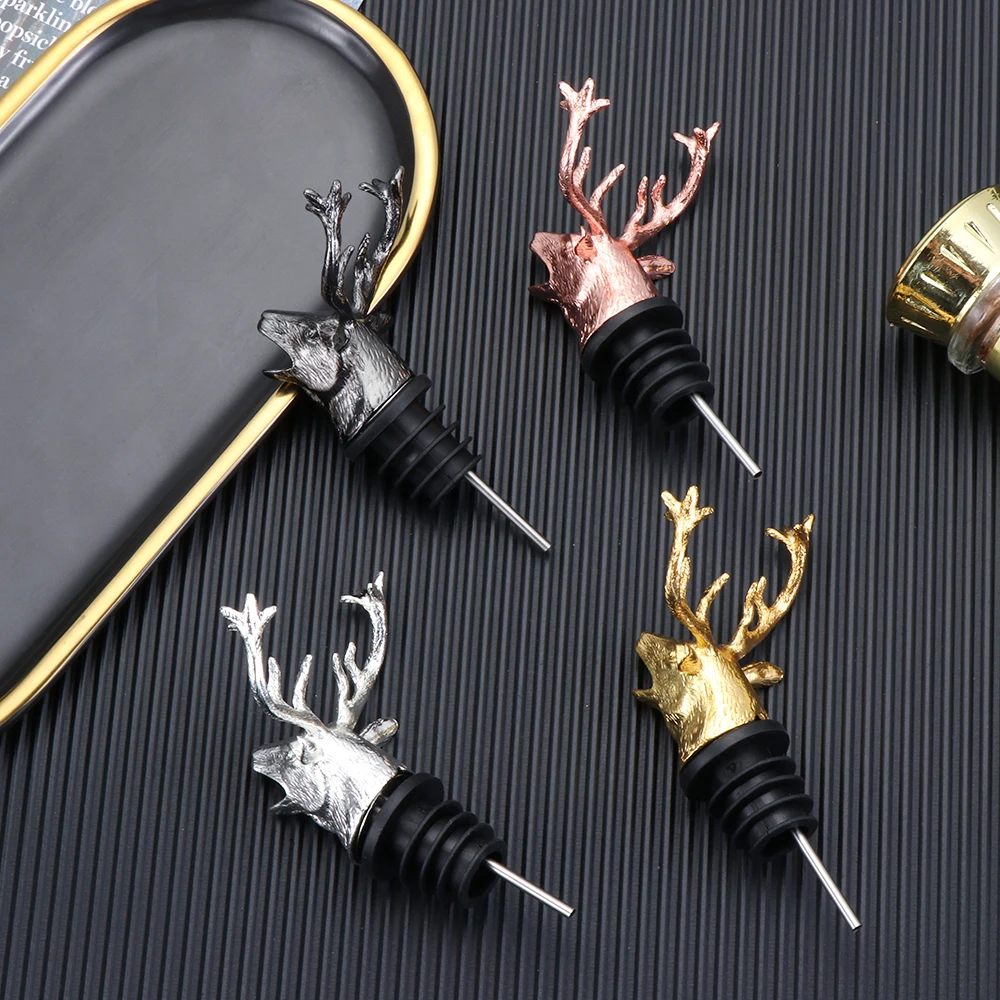 

Zinc Alloy Deer Head Wine Pourer Bottle Stoppers Unique Stag Christmas Wedding Party Wine Aerators Bar Tools Kitchen Accessory