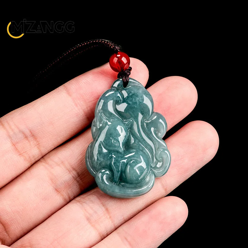 Authentic Natural Jadeite Blue Water Nine Tail Fox Fairy Pendant Exquisite Luxury Charm Women Jewelry Necklace Mascot