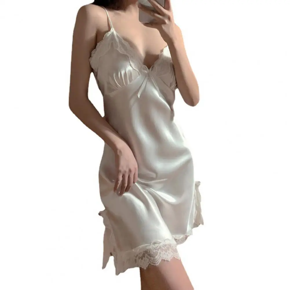 

Summer Women Sling V-neck Nightdress Bowknot Lace Decor Side Split Hem Thin Smooth Satin Suspender Nightgown