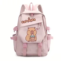 Anime Backpack for School Kids Girls Boys Leisure Simple Pink Schoolbag Anime Cute Capybara Loves Bubble Tea Travel Backpack Bag 1