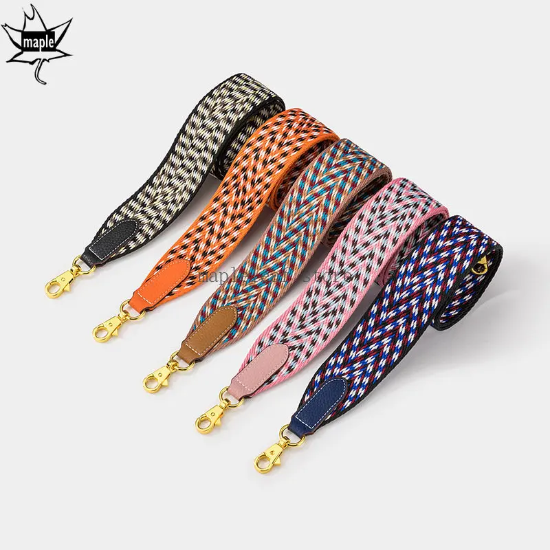 Luxury Colorful Cotton Webbing with Real Leather Long Shoulder Strap 18K Gold Buckle Shoulder Messenger Bag Accessory Bag Obag