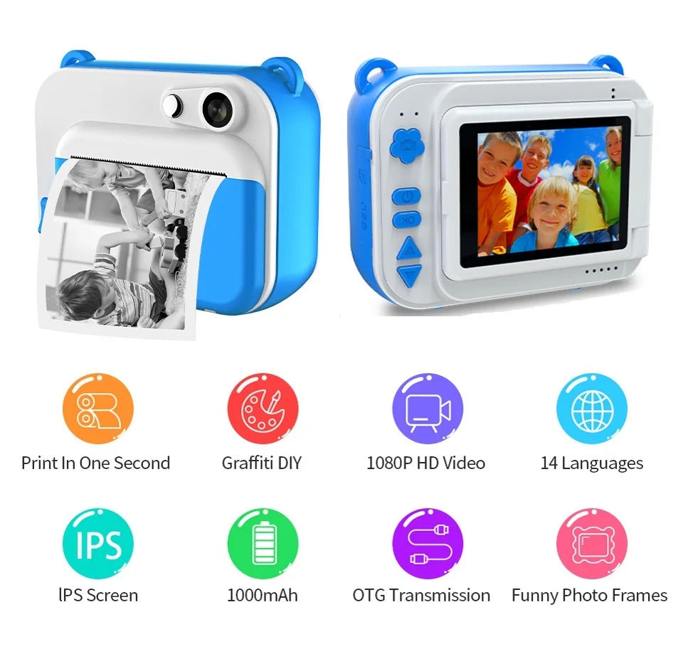 DIY Children's Printting Camera With Thermal Paper Digital Photo Camera Selfie Kids Instant Print Camera Boy's Birthday Toy Gift