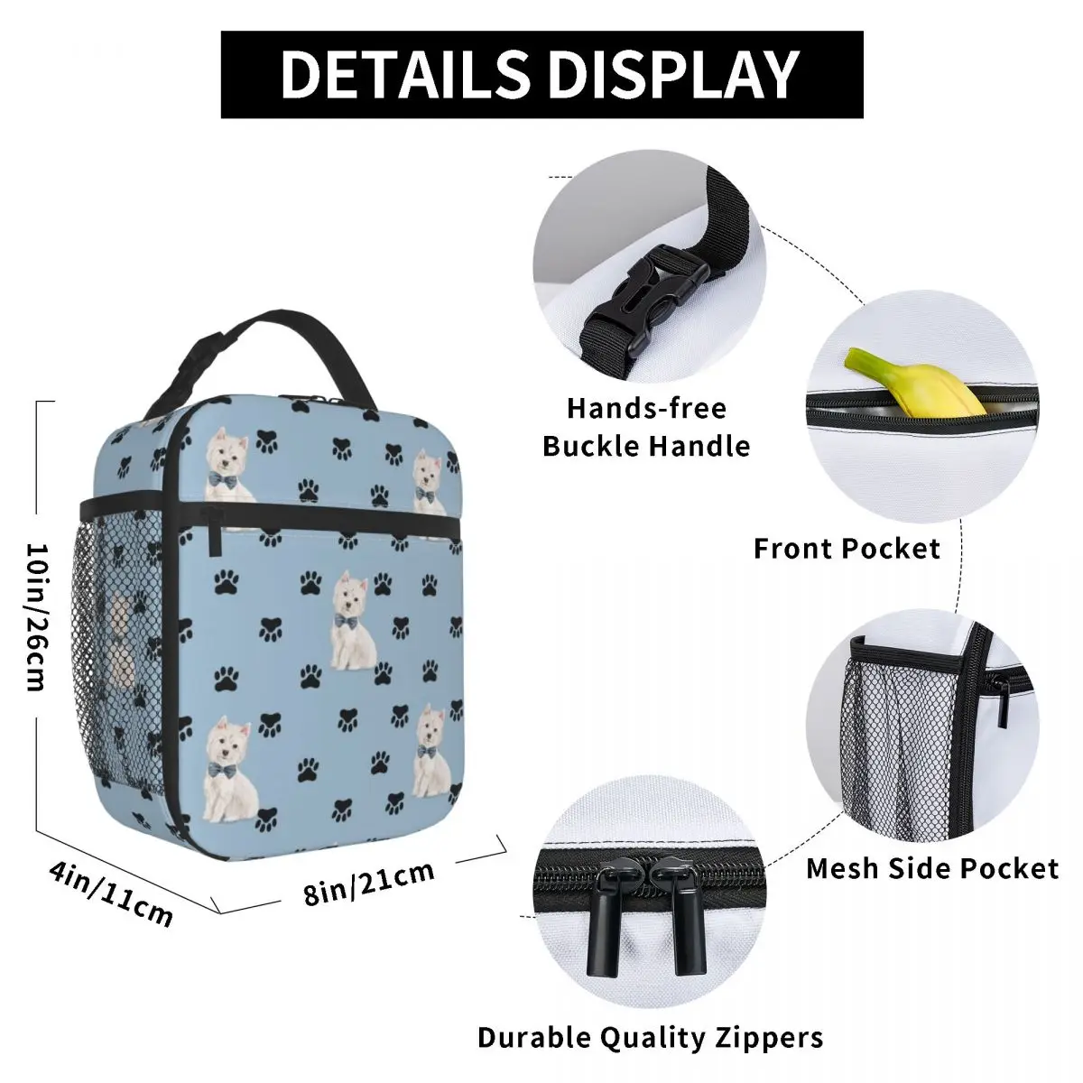 West Highland White Terrier Paw Print Pattern Insulated Lunch Bag Westie Dog Waterproof Thermal Cooler Lunch Box Women Children