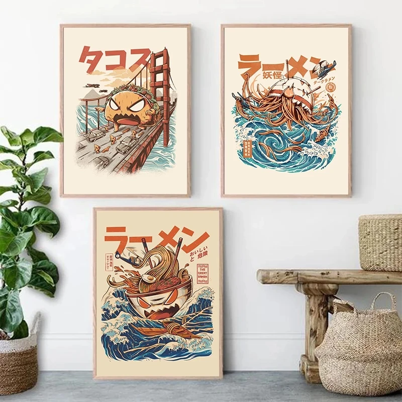 Vintage Japanese Kaijus Food Art Canvas: Sushi, Ramen, and Burgerzilla Poster