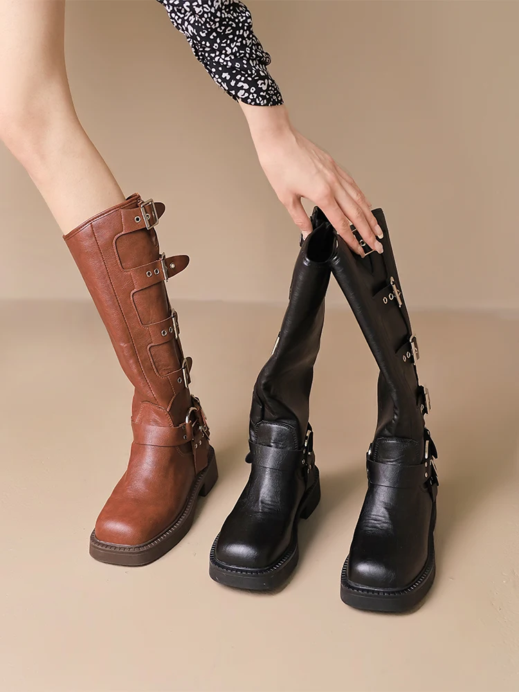 

Flats Long Boots Women's Autumn 2023 New Vintage Belt Buckle Knee High Thin Boots