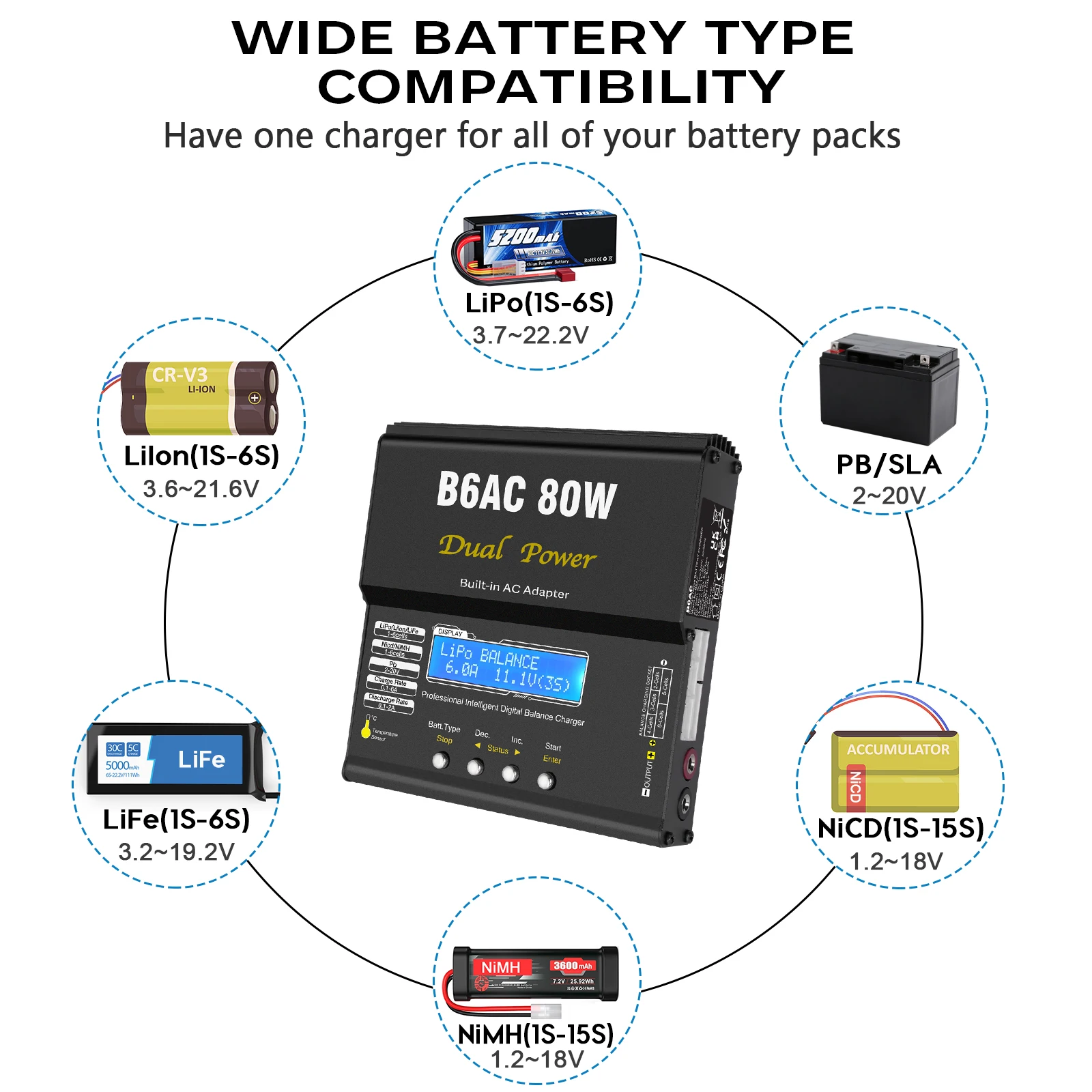 Chargeur d'équilibre B6 AC RC 80W 6A pour LiPo LiFe NiMH NiCd PB