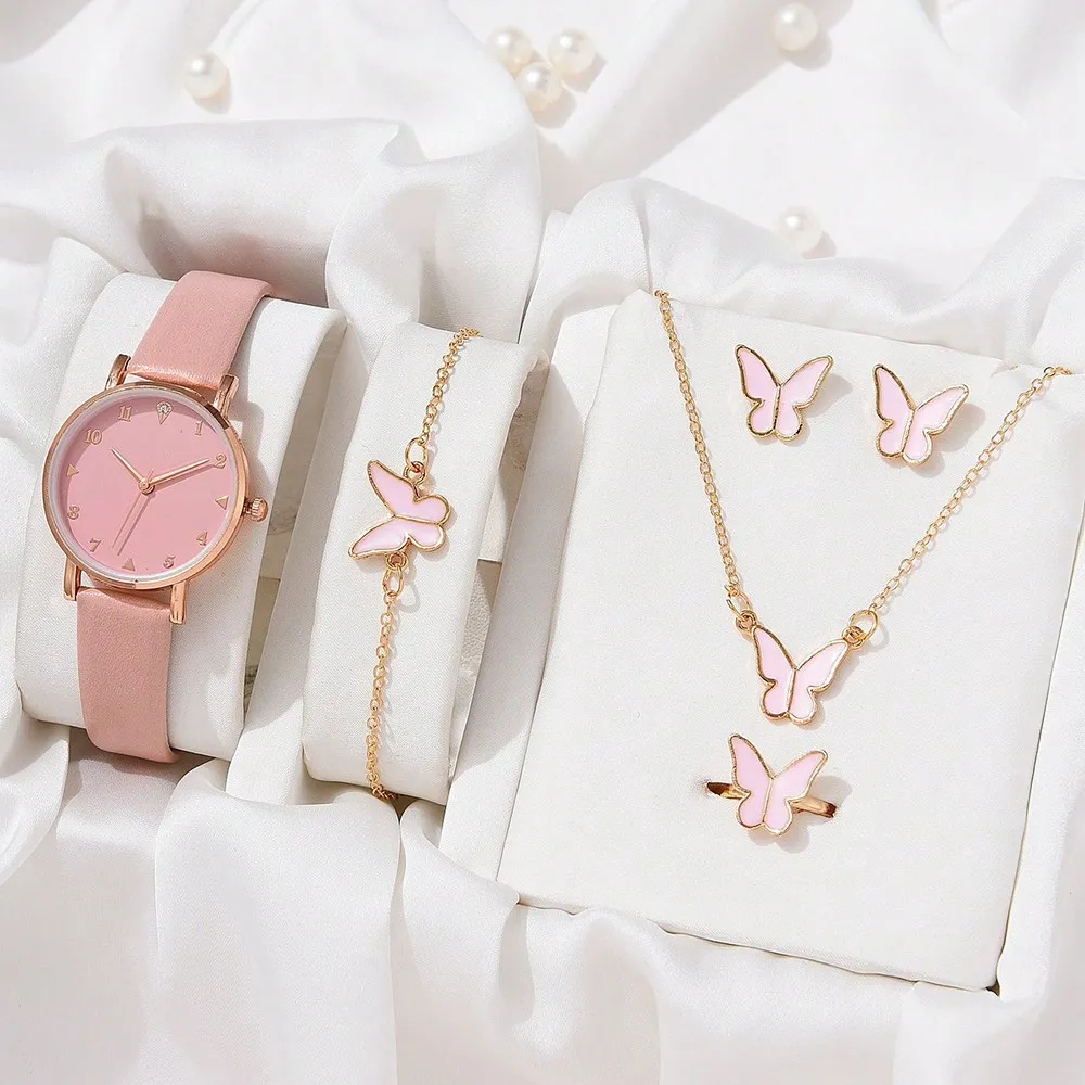 

Luxury Watch Women Ring Necklace Earrings Bracelet Set Watches Butterfly Leather Strap Ladies Quartz WristWatch No Box