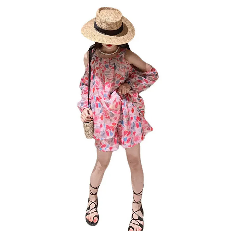 

Teenager Girls Beach Clothes Chiffon Off Shoulder Tops Shorts 2pcs Kids Costume Thin Summer Fashion Florals Set Children Outfits