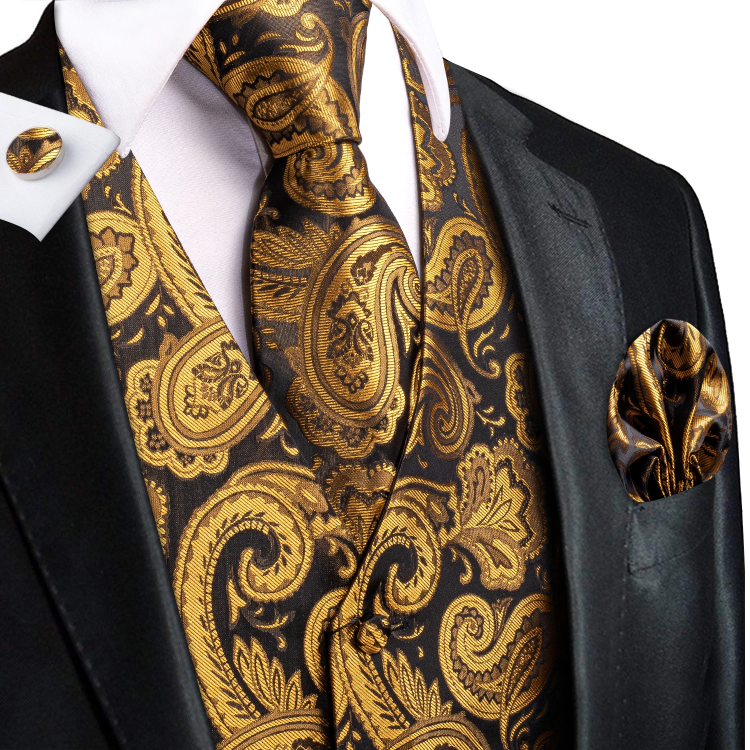 Hi-Tie Silk Mens Waistcoat Tie Set Gold Brown Orange Beige Ivory Khaki Bronze Sleeveless Jacket Suit Vest Necktie Hanky Cufflink 4
