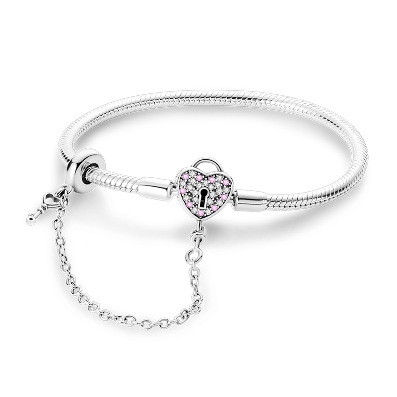 

Hot Sale 100% 925 Sterling Silver Pink Heart lock safety chain Bracelet Fit Original Beads Charms DIY Jewelry Gift For Women