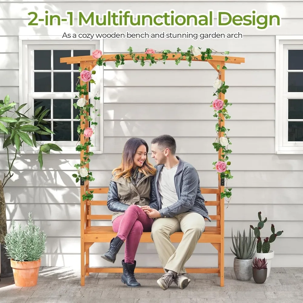 Garden Arch Trellis with Bench - 63''W x 79''H Wooden Arbor with 2-Person Outdoor Bench, Garden Arbors Archway Pergola for Clim