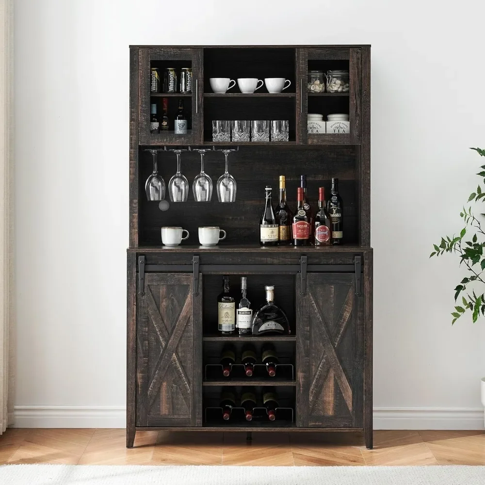 Farmhouse Coffee Bar Cabinet with Sliding Barn Door, 70" Tall Buffet Cabinet with Storage Shelves, Liquor Wine