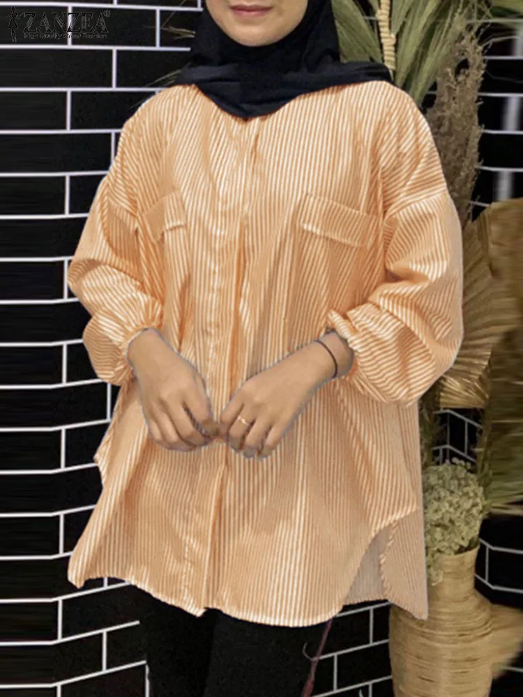

ZANZEA Fashion Stripe Printed Tops Casual Abaya Kaftan Muslim Blouse Woman Elegant Party Chemise Female Full Sleeve Blusas 2024