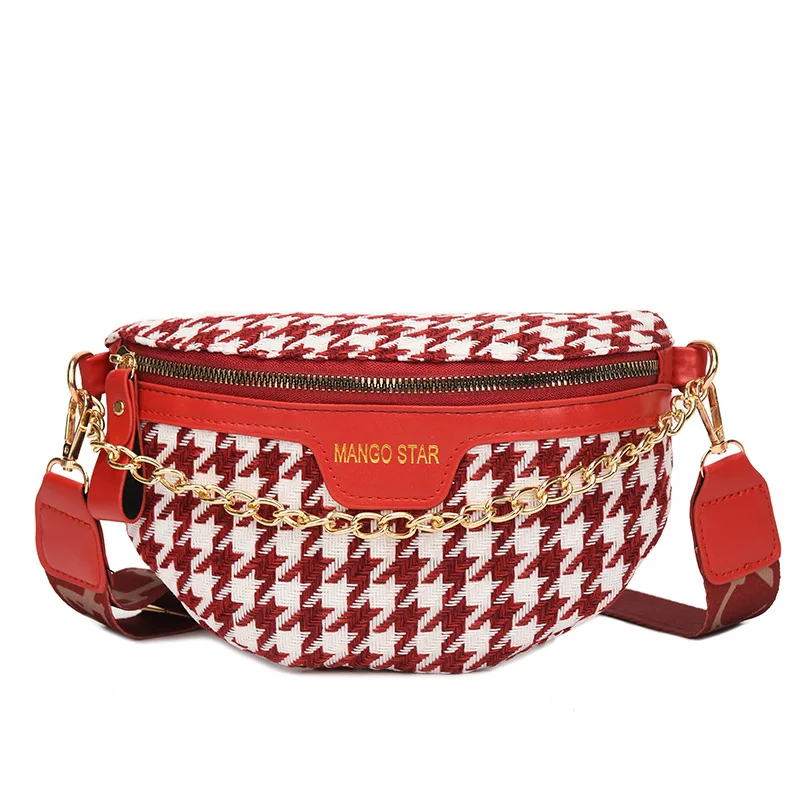 Elegant Houndstooth Plaid Chain Waist Bags For Women Stylish