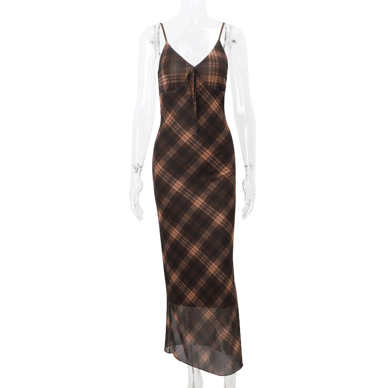 y2k Plaid Dress Women Vintage Clothes V Neck Spaghetti Strap Sleeveless Side Split Long Desses Going Out Party Dresses