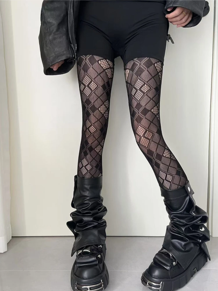 Punk Mädchen Schwarze Netzstrumpfhose mit Gittermuster Damen Japanischer Gothic-Lolita-Stil Dünne Netzstrümpfe Süße Coole JK Strumpfhose – Detail 1