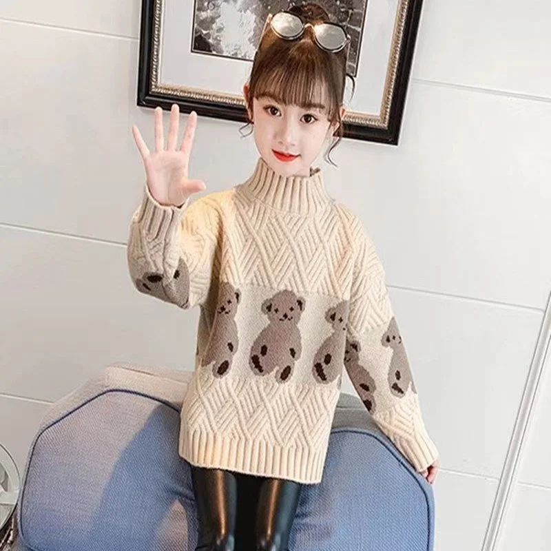 가을 겨울 어린이 니트 양모 모자, 공주 스타일, 중간 길이, 귀여운 패션, 두꺼운 양모 셔츠, 소녀