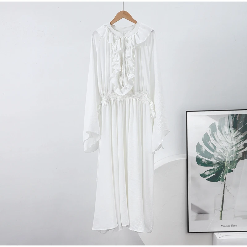 Elegant White Ruffle Maxi Dress For Women Summer Puff Sleeve Drawstring Tassel Pleated Beach Long Dress Lady Holiday Party Robes