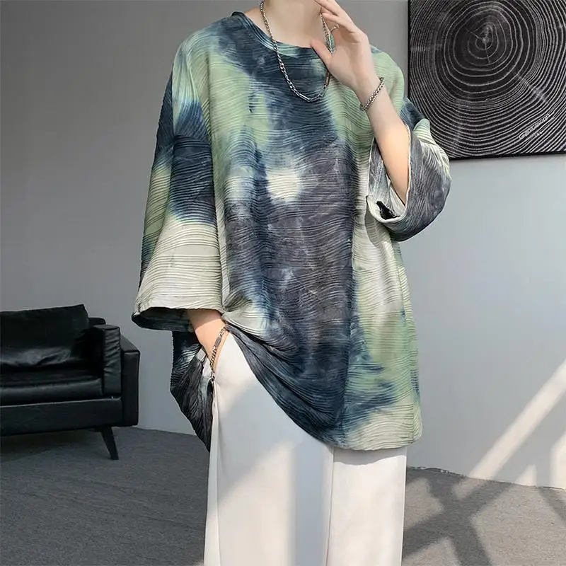

Korean Trendy Casual Summer Men's Round Neck Thin Style Tie Die Fashion High Street Casual Half Sleeve Loose T-shirt Tops