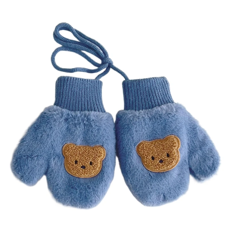 Cartoon Bear Thick Mitten with Rope for Boys Girls Children Toddler(1-4Years)