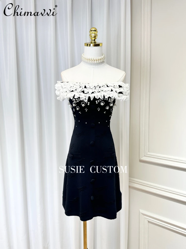 

Birthday Dress for Women 2024 Spring Sexy Off-Shoulder Lace Embedded Flounced Beaded Pearl Waist Jacquard Black Knitted Dresses