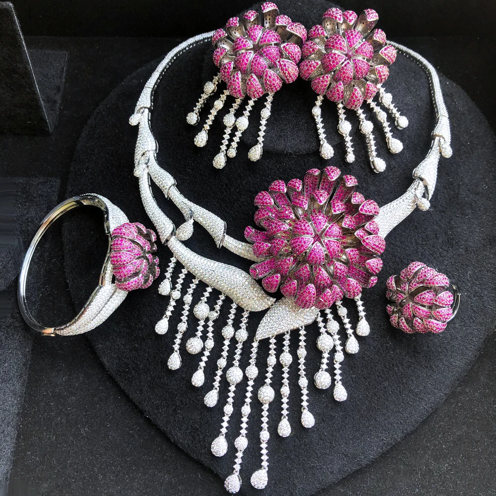 

Missvikki New Luxury Big Flower Necklace Bracelet Earrings Ring 4PCS Jewelry Set Women Brides Wedding Jewellery High Quality