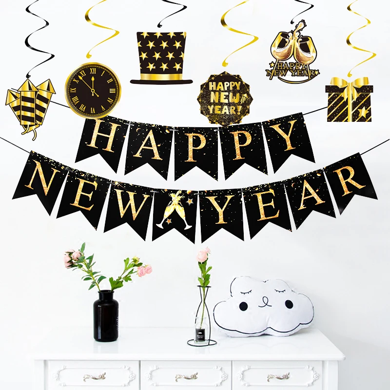 Gold Glitter Happy New Year Banner 10 Feet - Black And Gold 2025 Party Decor, No DIY Pre-Strung - View #6