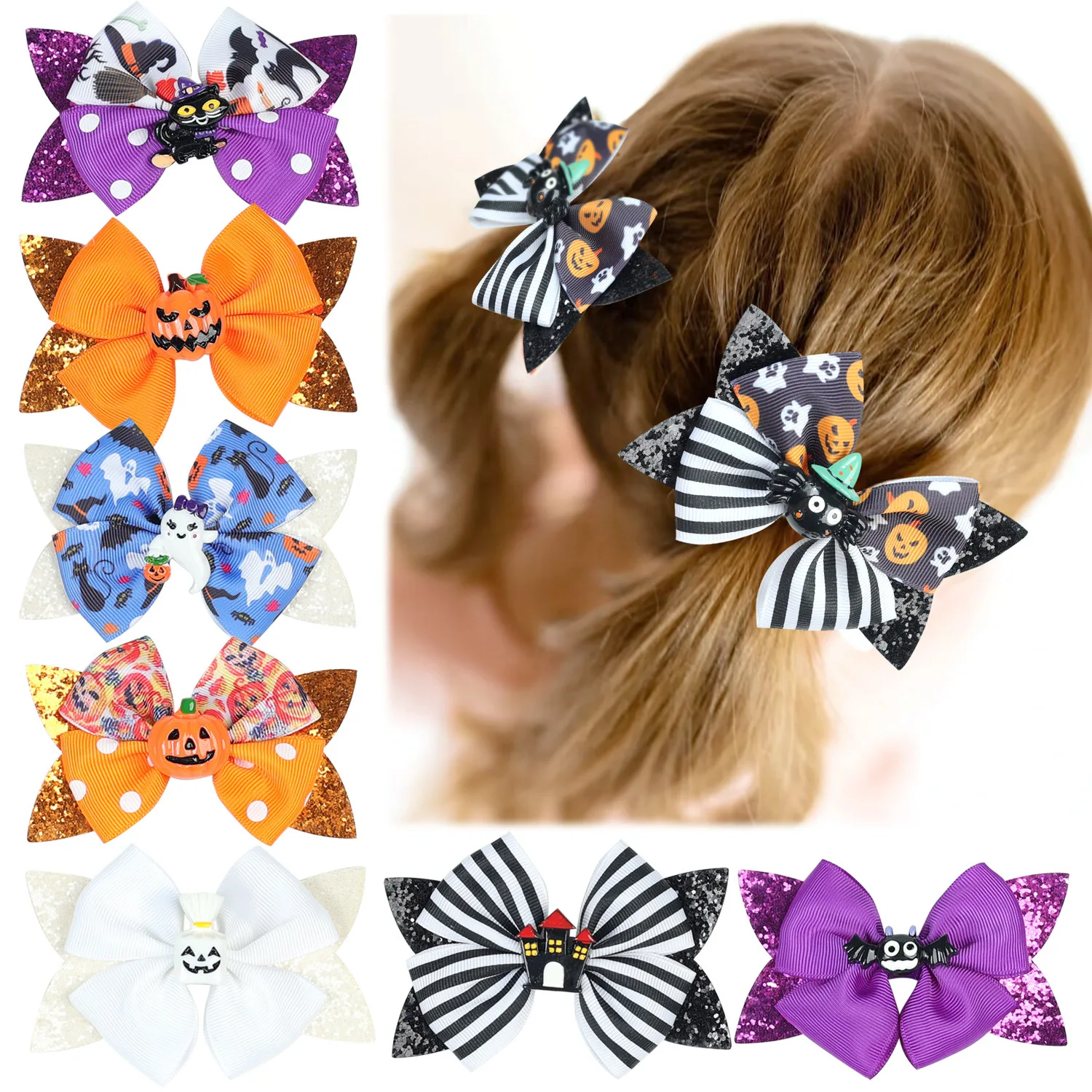 

10pcs 2023 cartoon accessories wholesale girls Halloween double layer sequin bow hair clip pumpkin head spider hair clip