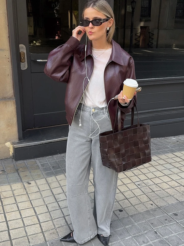 Nibber Zipper Jacket Woman Faux Leather Autumn Trend Lapel Full Sleeve Hottie High Street Fashion Versatile Style Basic Coats