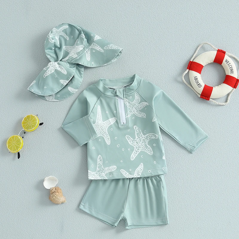 Summer Toddler Kids Baby Boys Rash Guard Swimsuits Starfish Print Long Sleeve Zip Tops with Shorts Swim Hat Bikinis Beachwear
